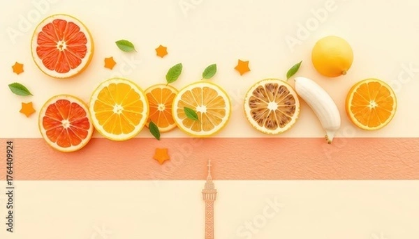 Fototapeta Delicious citrus fruit slices with fresh mint leaves and star shapes on a pastel background, perfect for summer vibes