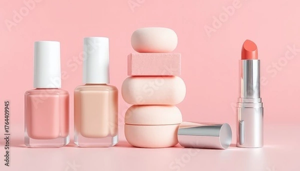 Fototapeta Soft pink arrangement showcasing makeup sponges, nail polish bottles, and a metallic lipstick tube on a pastel backdrop