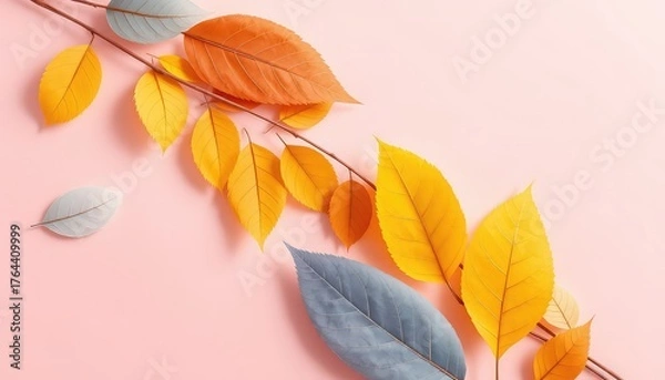 Fototapeta Autumn Leaves on Branch with Pretty Light Pink Background - Seasonal Colors and Minimalist Style