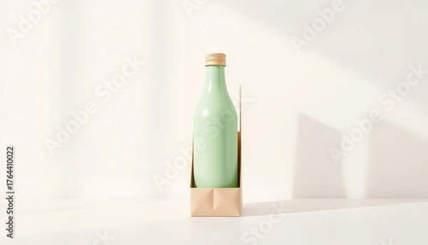Fototapeta Light Green Bottle with Gold Cap in a Plain Paper Bag on a Simple Off-White Surface