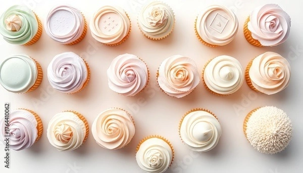 Fototapeta Assorted Cupcakes with Creamy Frosting and Delicate Decorations in Pastel Colors Laid Out on an Ivory Background for a Dessert Platter