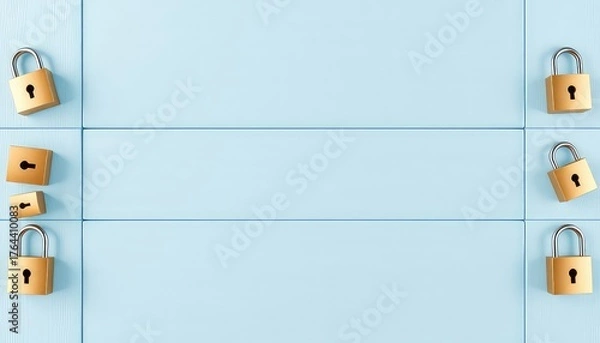 Fototapeta Conceptual security presentation featuring golden locks surrounding light blue panels, signifying protection and guarded information