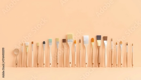 Fototapeta Assorted paintbrushes in a studio, each with a wooden handle and varied bristle sizes arranged neatly against a warm pastel backdrop