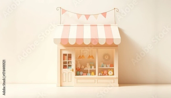 Fototapeta Delicate pastel shop facade featuring an adorable display of charming objects and a festive celebratory garland