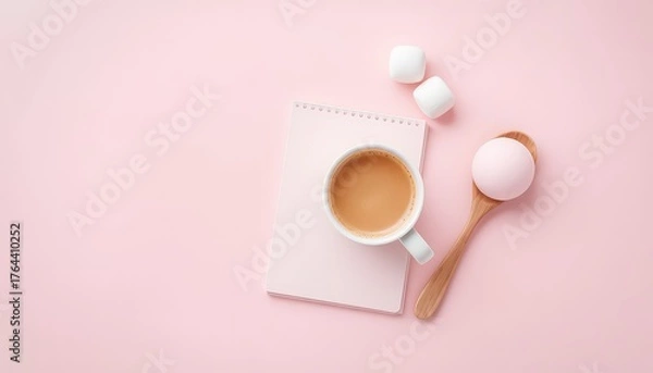 Fototapeta Flat lay of a cup of latte on a pink notebook surrounded by marshmallows and bath bomb on a spoon