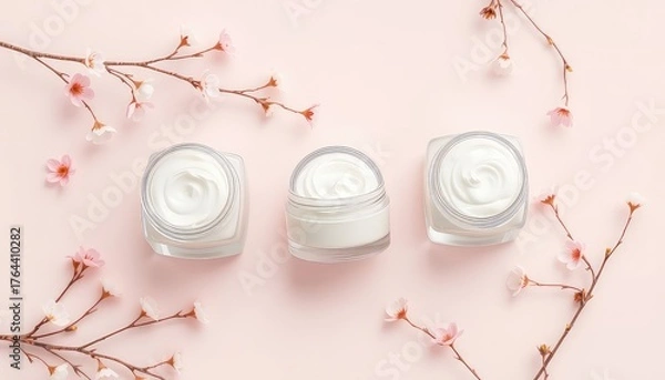 Fototapeta Arrangement of skin cream jars with flowering branches on a soft pink backdrop, top view, wellness and beauty concepts