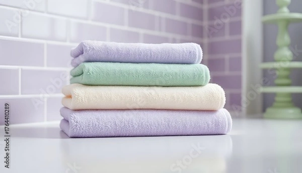 Fototapeta Pastel-colored bath or hand towels stacked neatly on a white counter with soft focus background objects
