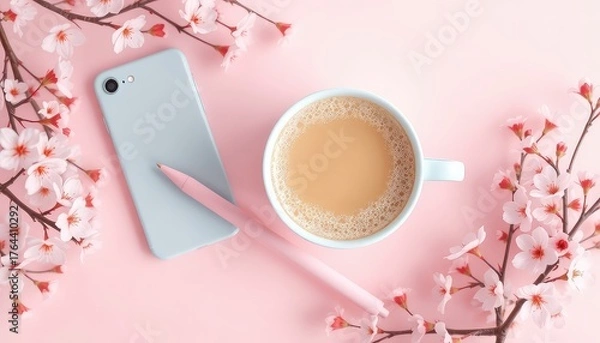 Fototapeta Delicate spring blossoms frame coffee, a mobile telephone, and writing implement on a pastel backdrop, evoking thoughts of refreshment and communication