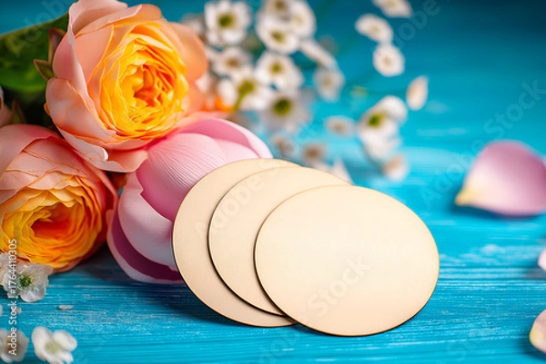 Fototapeta Floral Still Life with Round Disks on Turquoise Wood Surface. Mock up promotion information for marketing announcements and details, blank white space.