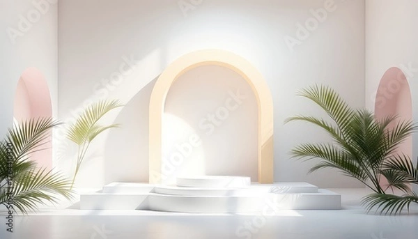 Fototapeta Elegant Stage Featuring White Podium, Pastel Arches, and Palm Fronds for Product Showcase with Abundant Light