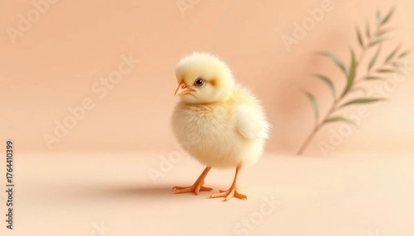 Fototapeta Softly Lit Portrait of a Downy Yellow Chick Standing on a Seamless Pale Background with a Blurry Botanical Accent