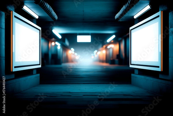 Fototapeta Blank Billboards in Dimly Lit Blue Tunnel Mockup. Mock up promotion information for marketing announcements and details, blank white space.