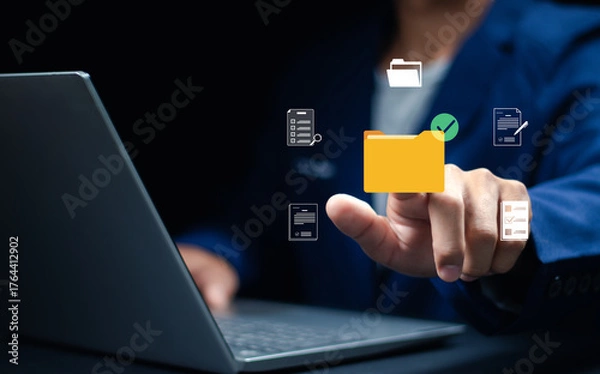 Fototapeta Folder management, DMS, Data analysis of document AI artificial intelligence process with technology processor to planning business information data, tech, network corporate concept.