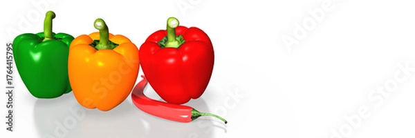 Fototapeta 3d Banner mit grüner, gelber und roter Paprikaschoten und einer roten Chillischode freigestellt auf transparenten Hintergrund
