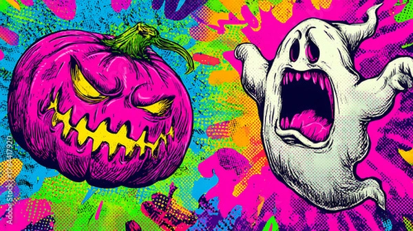 Obraz Neon Halloween scene grinning purple pumpkin and screaming ghost amid a vivid psychedelic backdrop!!