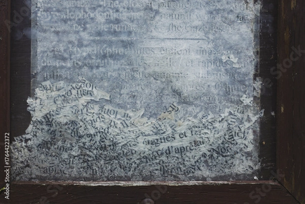 Fototapeta Close-up of weathered and partially erased text on a glass surface, framed by chipped dark wood. The faded black letters on a cloudy white background evoke age, decay, and forgotten information.