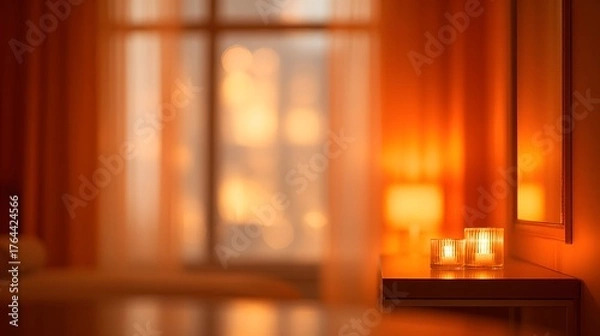 Fototapeta Boutique hotel suite interior INTENTIONALLY BLURRED IMAGE illuminated by warm candlelight and window reflections