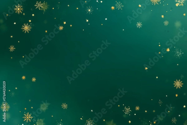 Obraz smooth gradient emerald green christmas background with minimal gold stars and snowflakes, center space for typography, elegant seasonal backdrop, 