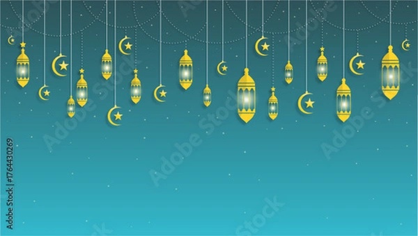 Obraz Ramadan Night: Golden Lanterns and Crescent Moon Decor Over a Gradient Sky Festive Backdrop Decoration