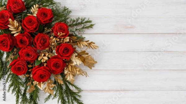 Fototapeta Floral composition featuring red roses and golden leaves arranged with christmas greenery on white wooden table with soft morning light and copy space
