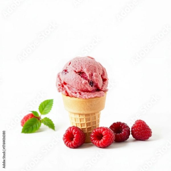 Obraz Raspberry ice cream cone with fresh raspberries and mint leaves  