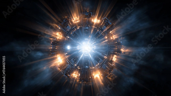 Obraz 黒い背景の中心で青白い光とオレンジ色の輝きを放つ未来的な構造物のエネルギーコアのイメージ
