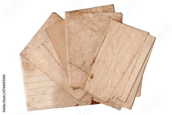 Obraz Old Paper Sheets Overlaping. Aged Lined Paper Sheets and Vintage Texture. Aged Folded Documents and Notebook Pages Pile Isolated on White Background, Top View