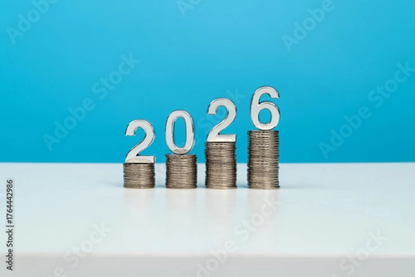 Obraz New year number 2026 on stack coins