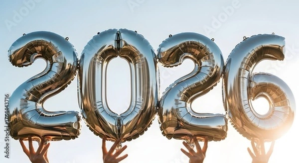 Obraz Silver 2026 balloons held high against a radiant sky, symbolizing new beginnings, future aspirations, and the anticipation of an exciting upcoming year full of promise and opportunities