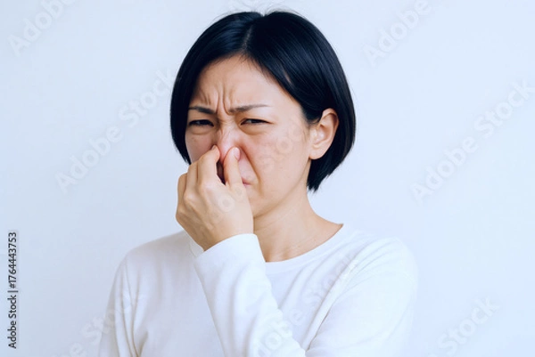 Fototapeta 顔をしかめ鼻をつまんで嫌なにおいを我慢している若い女性の不快感イメージ