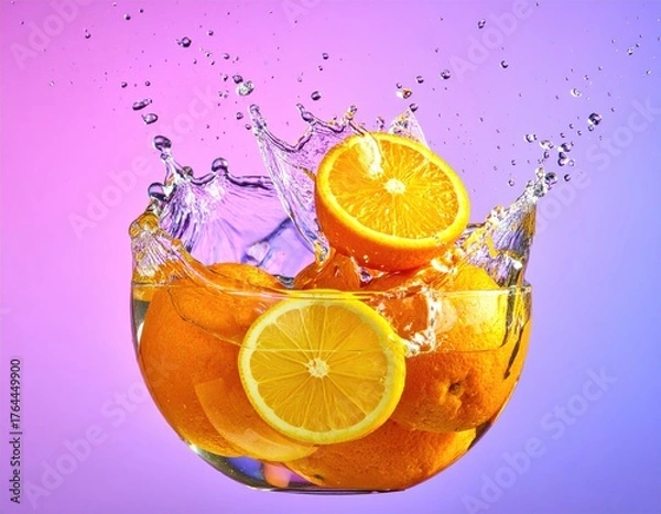 Obraz Oranges in water splash within glass bowl, bright background