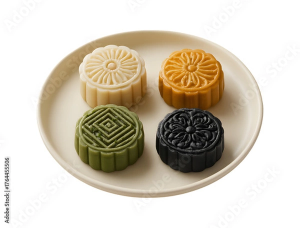 Obraz Four colorful traditional mooncakes arranged on a white plate against a dark background