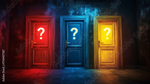 Fototapeta Dimly lit room features three vibrant doors in red, blue, and yellow, each adorned with question mark, evoking curiosity and mystery