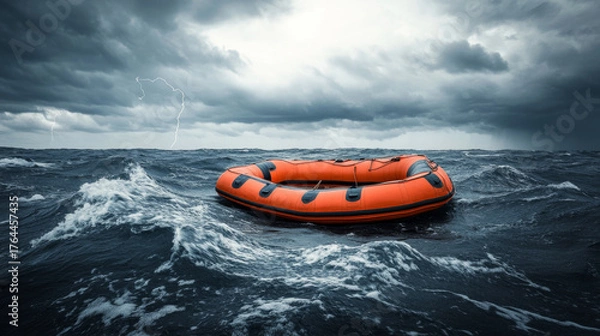 Fototapeta Empty orange lifeboat floats alone on choppy gray waves under stormy sky, evoking sense of isolation and uncertainty