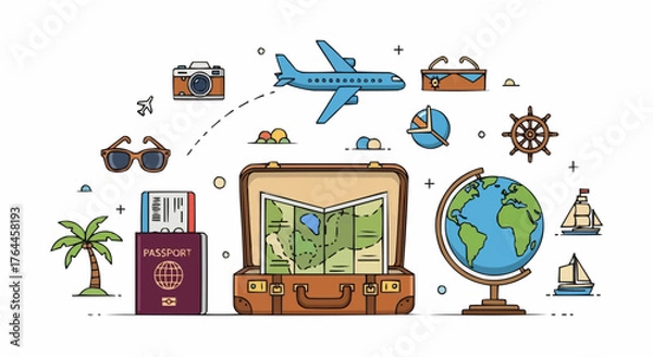 Obraz Illustration showing travel themed objects including a plane suitcase and passport on a white background