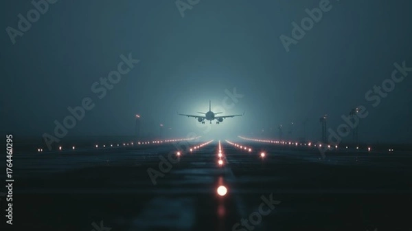 Fototapeta Airplane landing on runway in heavy fog illuminated by guiding lights at night representing travel mystery and adventure perfect for cinematic transport visuals
