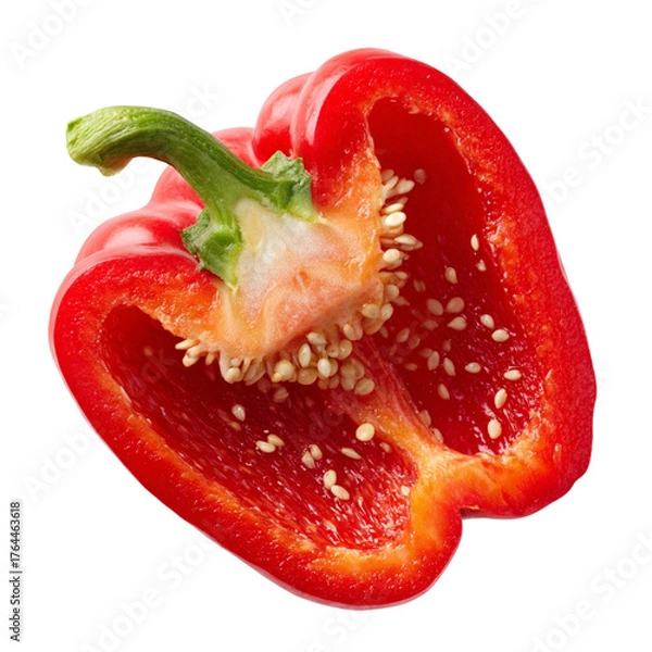 Fototapeta Fresh red bell pepper halved revealing crisp texture and vibrant seeds for culinary use