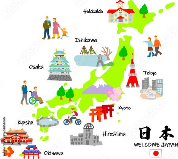 Obraz 日本旅行、手描きの観光スポットと観光客フラットイラスト