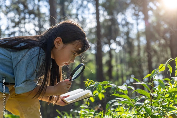 Fototapeta Child girl using a magnifying glass and notebook in the forest.