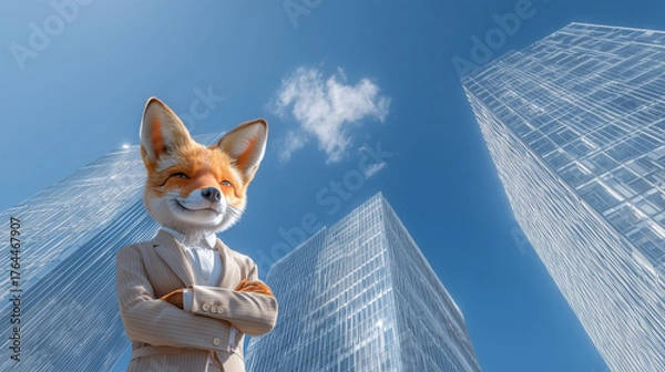 Fototapeta fox in a business suit with arms crossed against urban background, sharp leadership in business concept