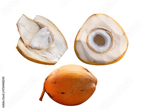 Fototapeta yellow Young Tender coconut Full, Sliced and scooped tender coconut layer isolated on a white background