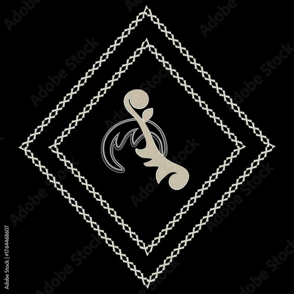 Fototapeta Diamond-shaped frame made of intertwined rope, in the central part stylized plant with leaves for stickers, printing on clothes.