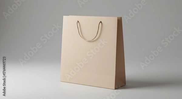 Fototapeta Blank Kraft Paper Gift Bag Mockup with Rope Handles on a Clean Minimalist Light Grey Background
