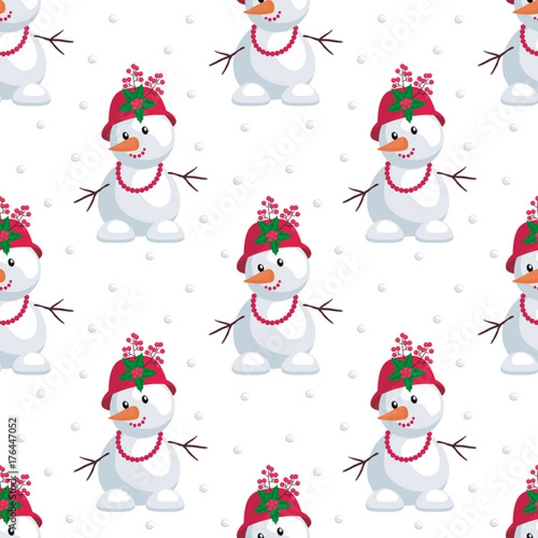 Fototapeta Christmas seamless pattern with the image of snowmen in cartoon style. Vector colorful background