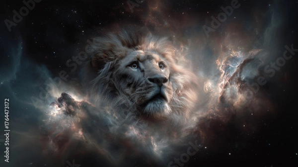 Fototapeta Majestic Lion Head Emerging from a Cosmic Star Nebula