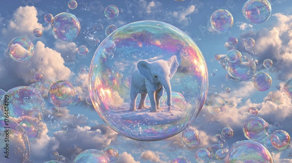 Fototapeta Adorable White Baby Elephant Floating Inside a Giant Iridescent Bubble in the Clouds