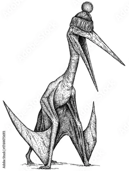 Fototapeta Vintage engraving isolated pterosaur glasses dressed fashion set illustration pterodactylus ink sketch. Flying dinosaur background silhouette Jurassic sunglasses hipster hat art. Hand drawn image