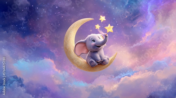 Fototapeta Baby Elephant sitting on the moon, cute and adorable cartoonish baby elephant with big ears sitting on the crescent moon, surrounded by stars