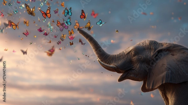 Fototapeta Adorable elephant playfully interacting with butterflies, sunset in the background, freedom concept