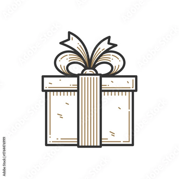 Fototapeta Elegant Line Art Gift Box Vector Illustration with Golden Bow. Modern Minimalist Present Icon for Celebrations, Holidays, Birthdays, and Special Occasions.